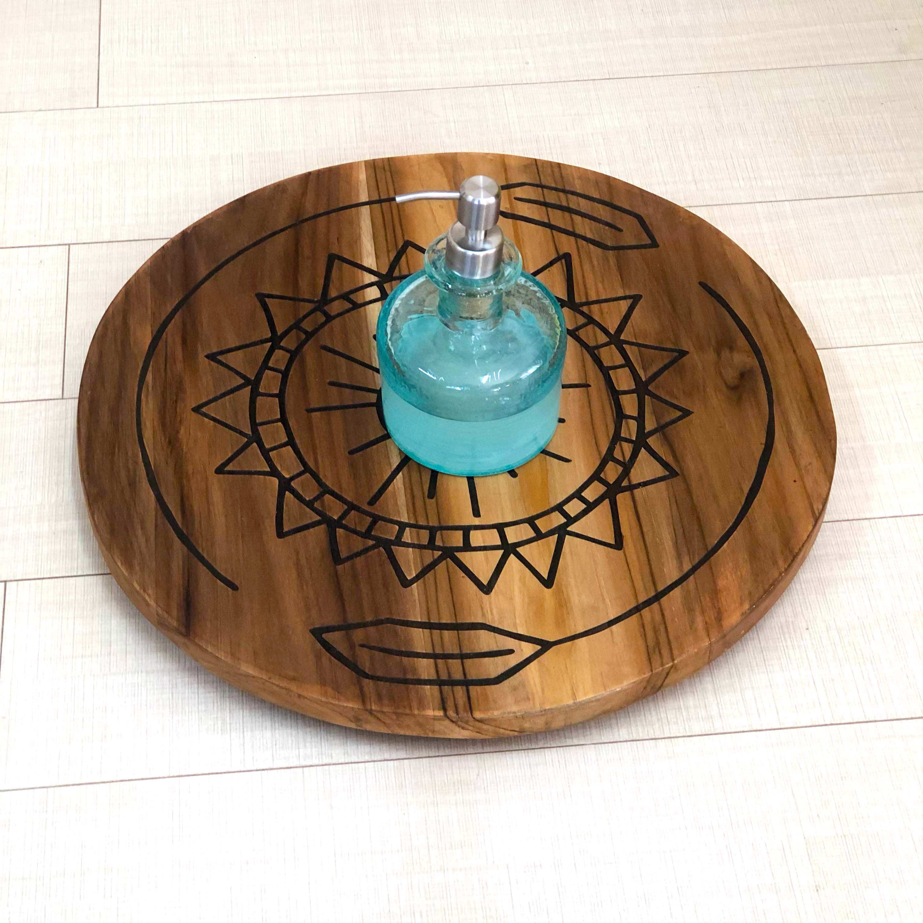 Engraved Teak Lazy Susan Floral Motif