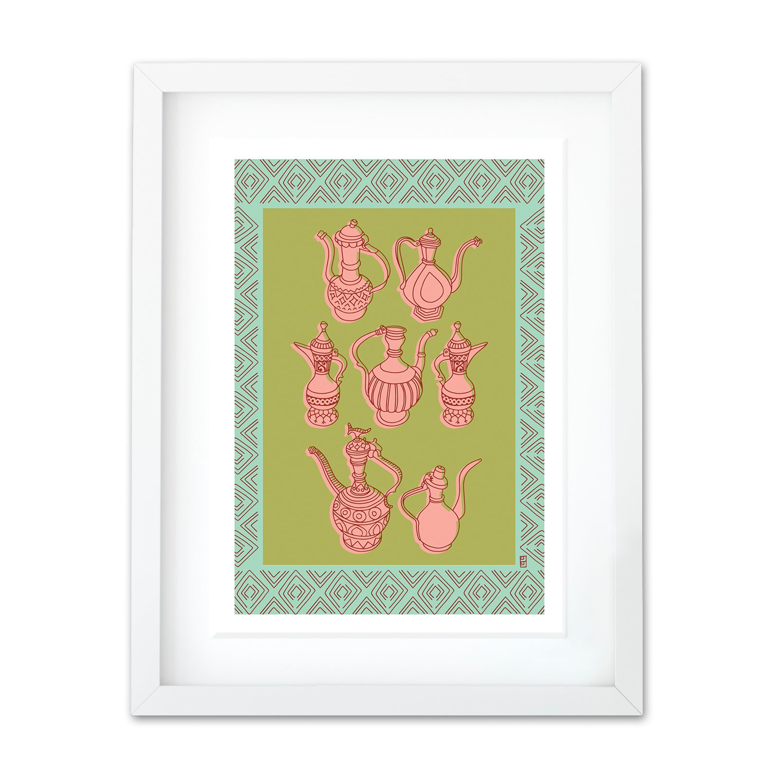 Vintage Coffee Green and Turquoise A3 Print by Lulu Kitololo
