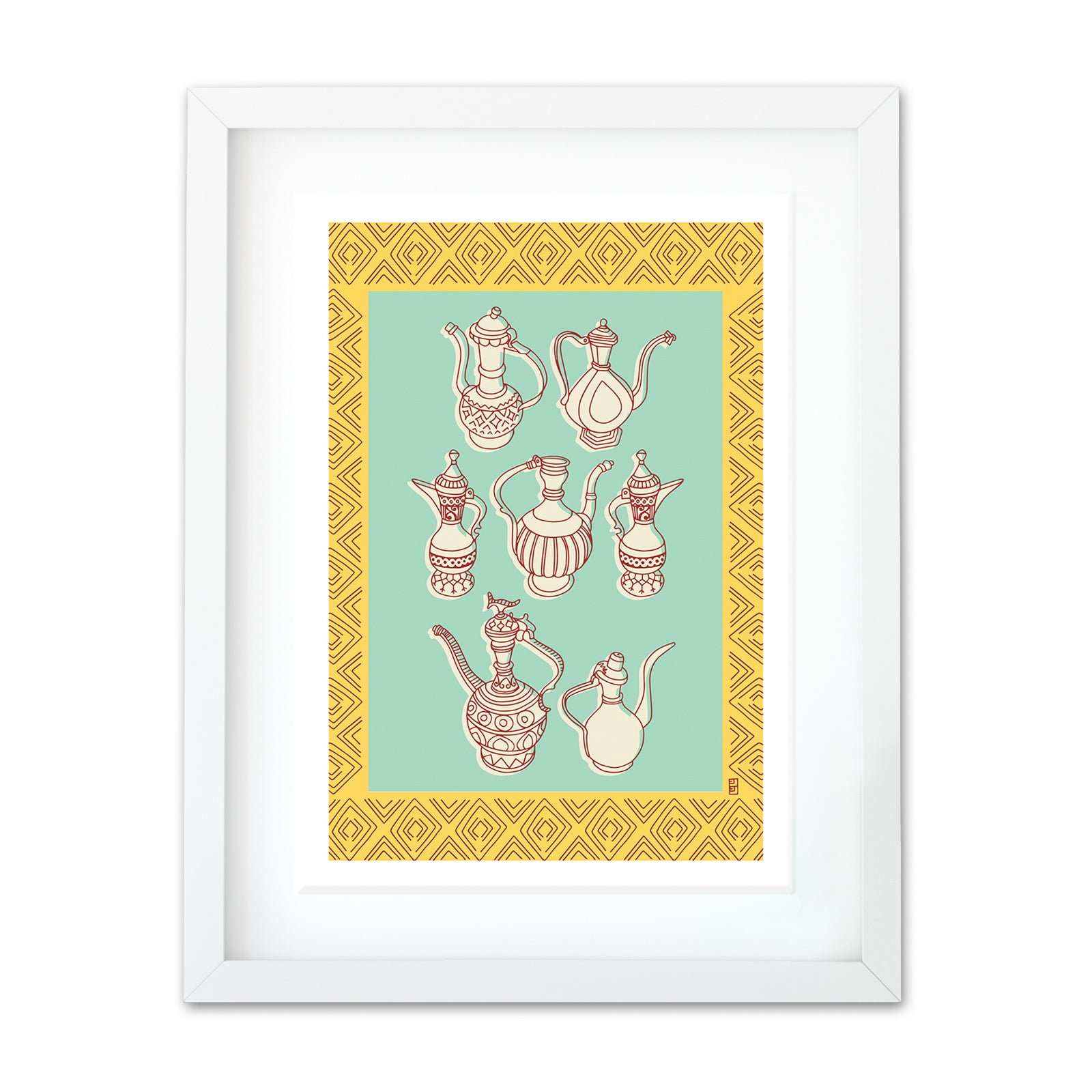 Vintage Coffee Yellow and Turquoise A3 Art Print by Lulu Kitololo
