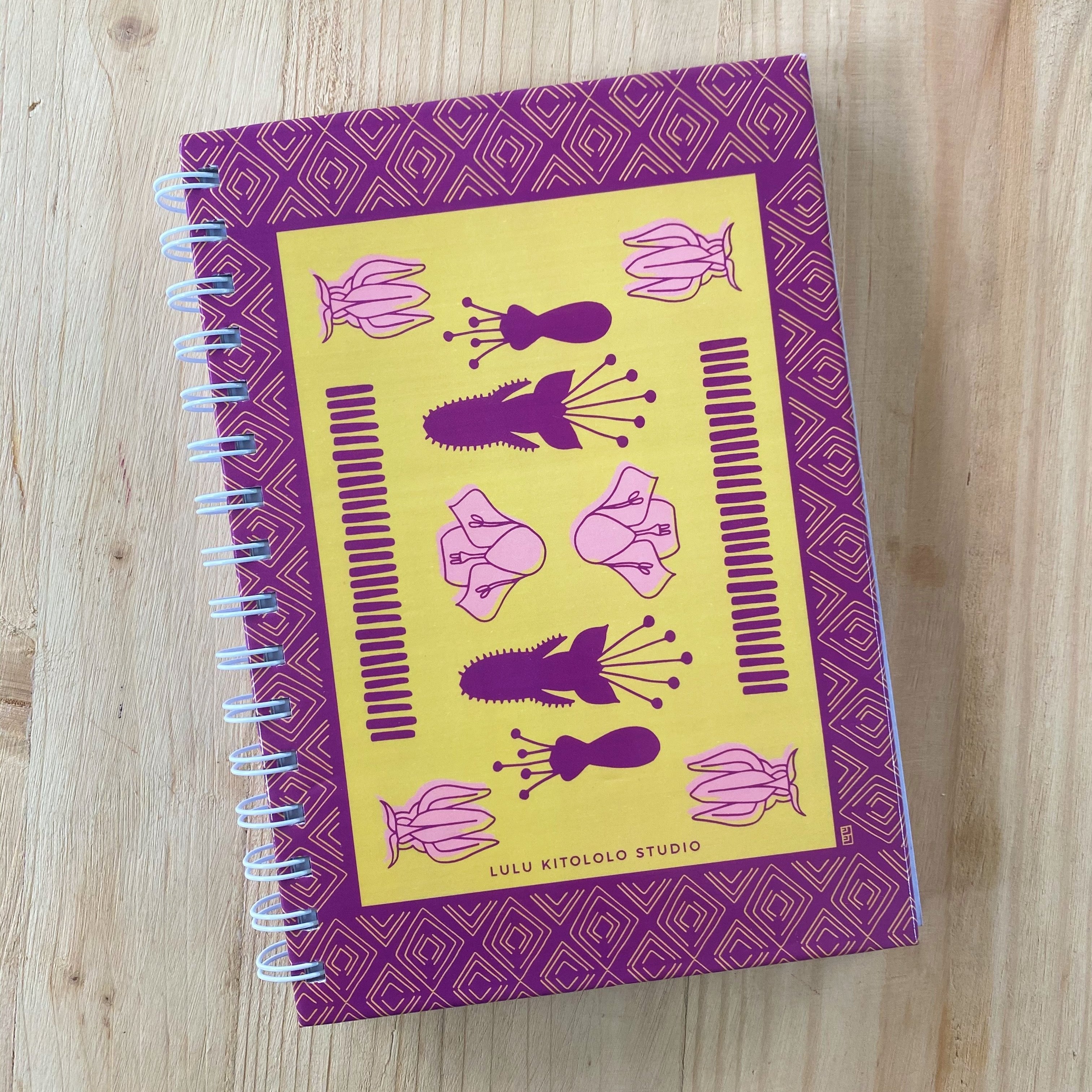 Botanical Kanga Spiral Bound Notebook Yellow and Purple by Lulu Kitololo