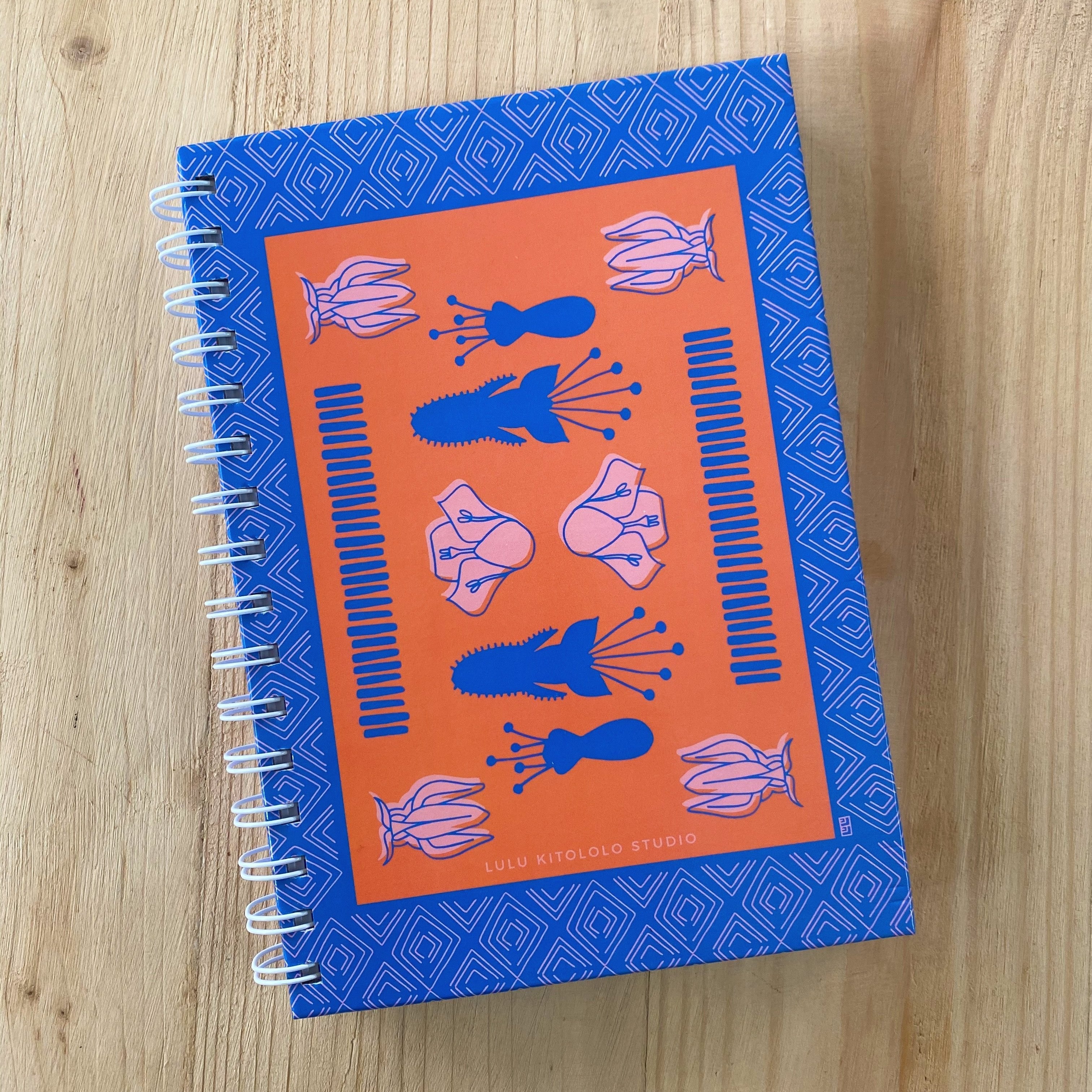 Botanical Kanga Spiral Notebook Blue Orange by Lulu Kitololo