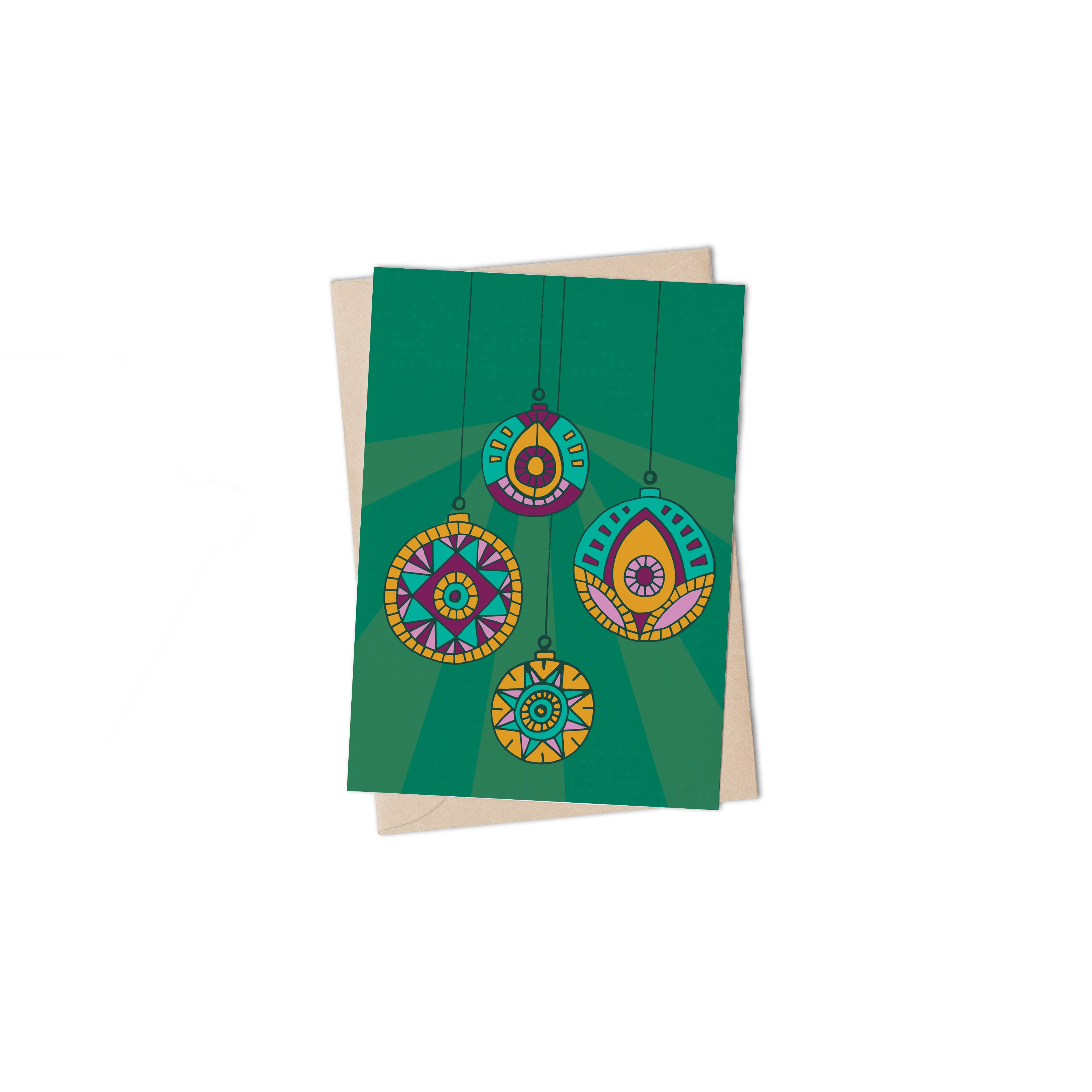 Patterned Baubles Green Greeting Card by Lulu Kitololo