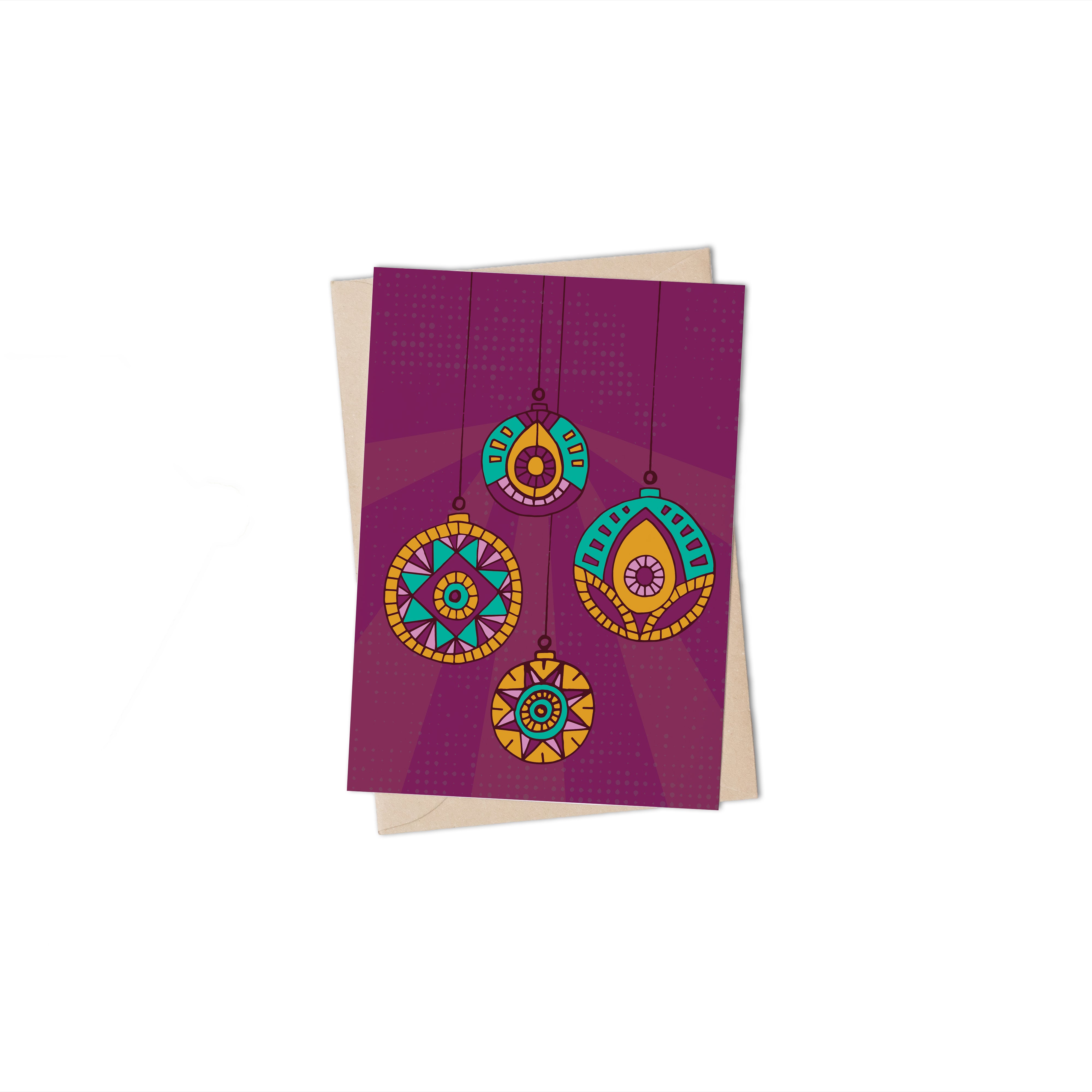 Patterned Baubles Purple Greeting Card by Lulu Kitololo