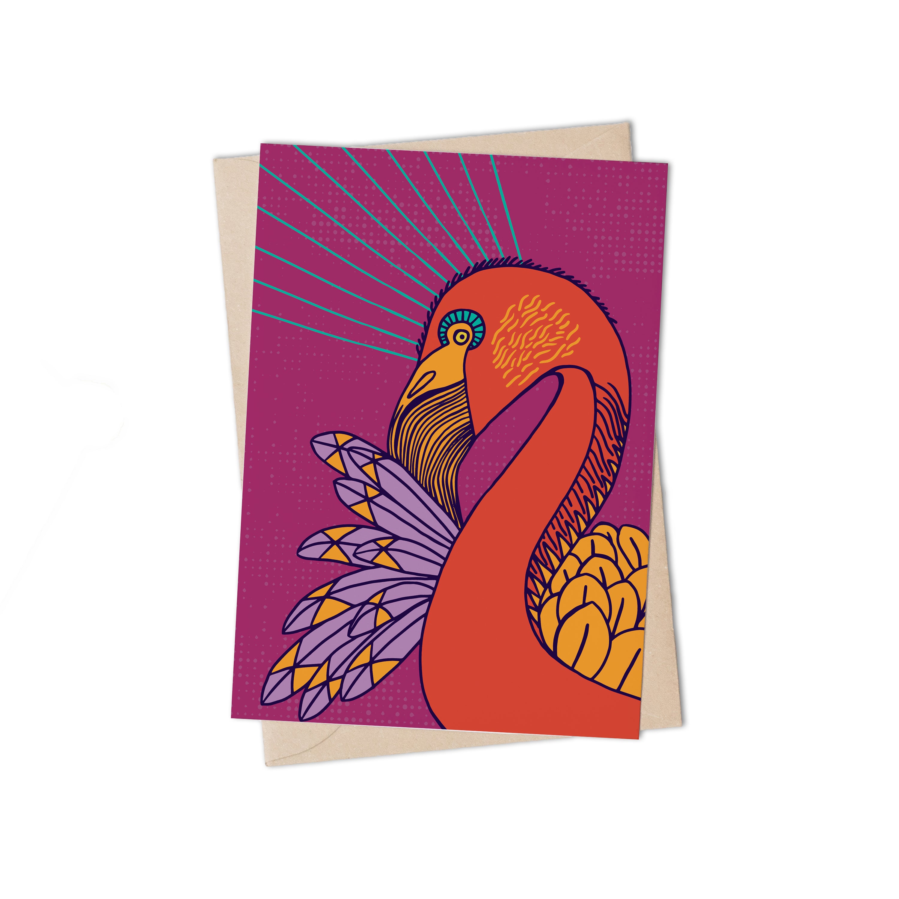SHINING BIRDS FLAMINGO GREETING CARD by Lulu Kitololo