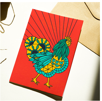 Shining Birds Rooster Red Greeting Card by Lulu Kitololo